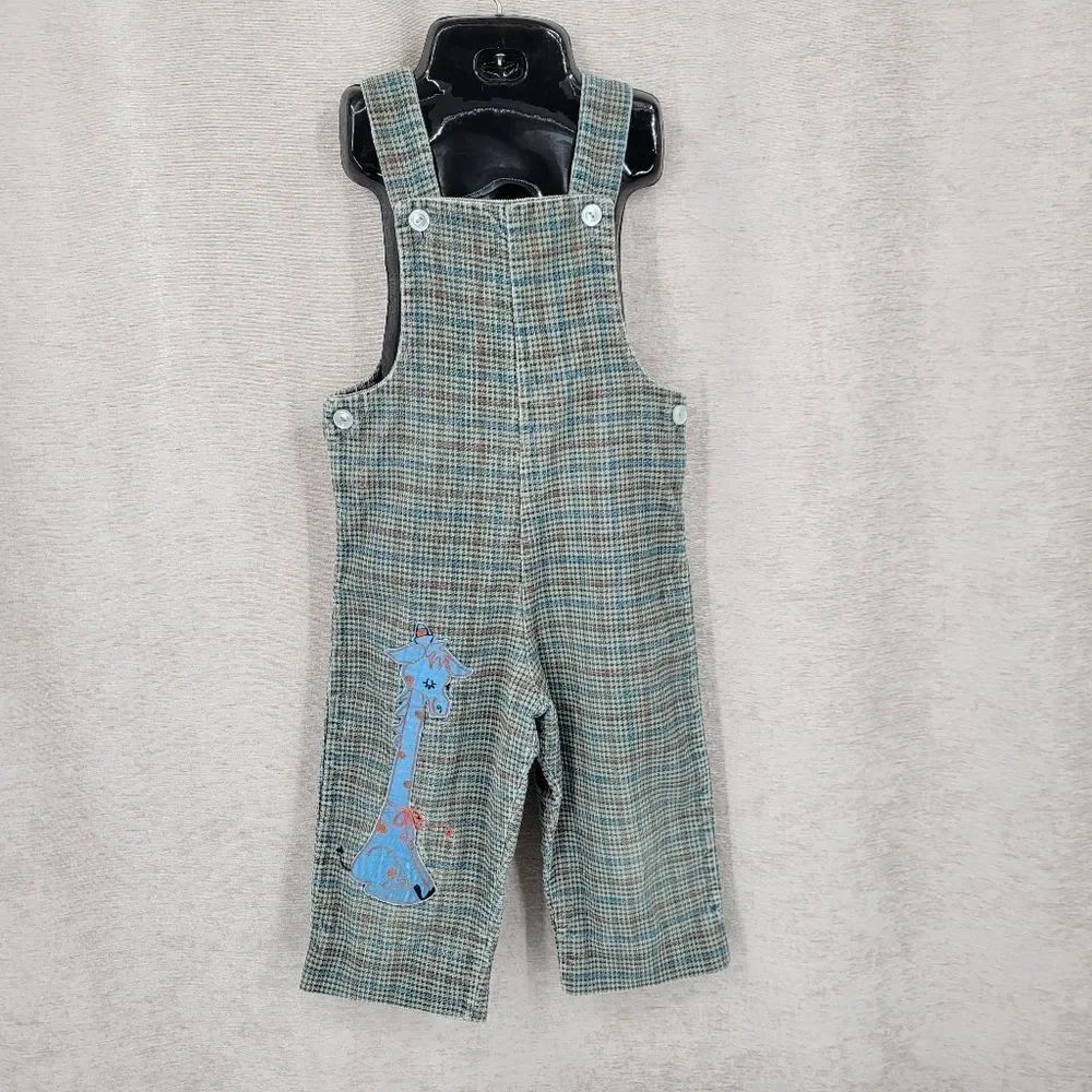 Vintage Houndstooth Plaid Kids Overalls with Giraffe Embroidery